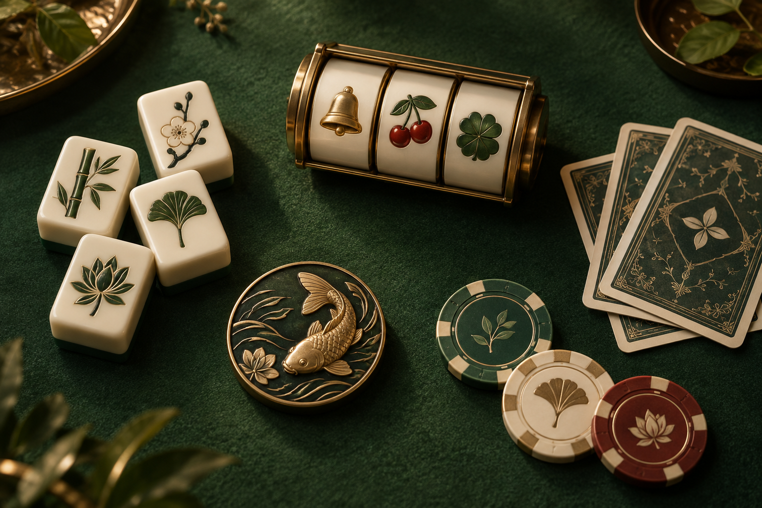 Ilustrasi gulungan slot, kartu dan keping pada meja kasino hijau.