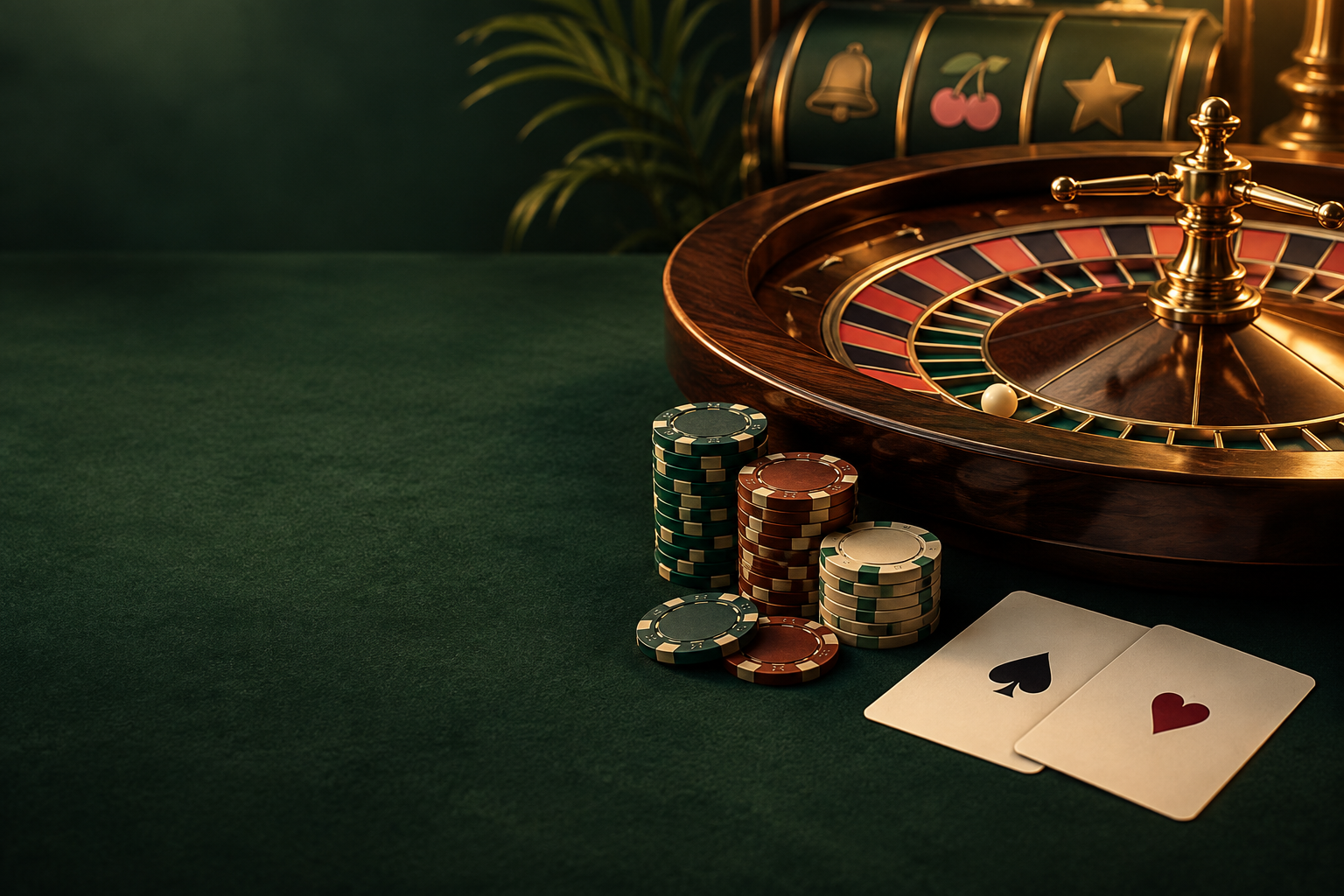 Ilustrasi meja roulette, kartu dan keping kasino dengan cahaya tembaga.